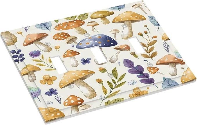 Boho Watercolor Mushroom Flowers Leaf Colorful Floral Decorative Switch Plates 3 Gang Wall Plate Triple Toggle Light Switch Cover Faceplate Electrical Wall Panels for Kids Room Nursery Decor