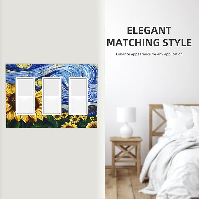 Vintage Abstract Blue Starry Sunflower 3 Gang Rocker Light Switch Covers Triple Outlet Wall Plate Decorative Switchplate Cover Faceplate GFCI for Farmhouse Country Bedroom Decor