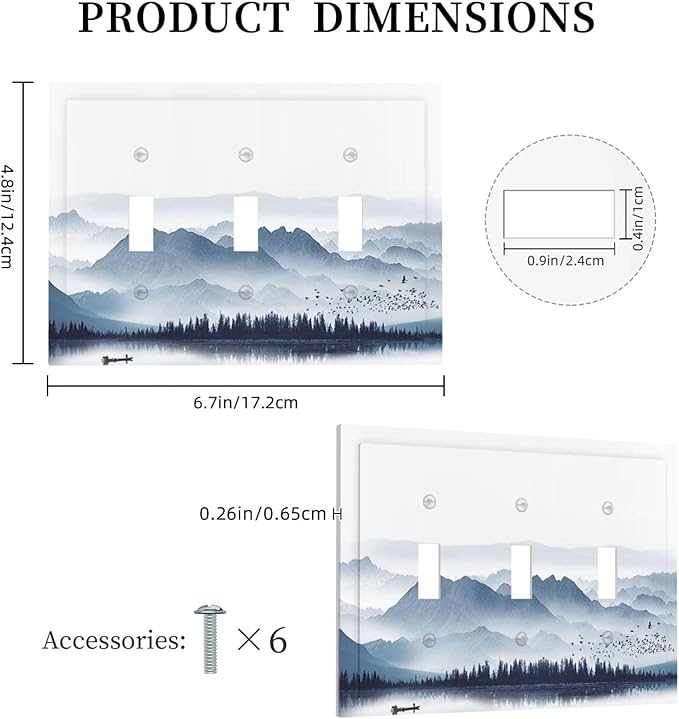 Decorative Switch Plates Mountain Foggy Lake Boat Grey Blue Forest Birds 3 Gang Wall Plate Faceplate Triple Toggle Light Switch Cover Electrical Wall Panels for Bedroom living Room Decor