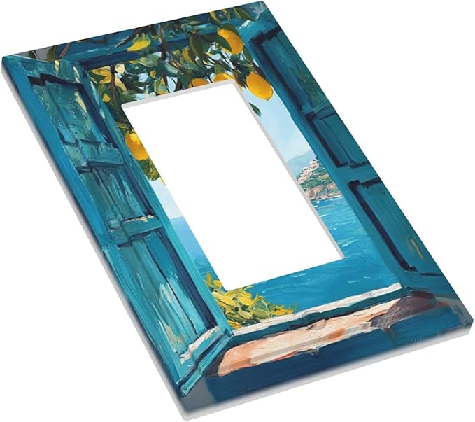Window View Coastal Lemon Tree Mediterranean Landscape Decorative Outlet Covers 1 Gang Single Rocker Light Switch Cover Plate Wall Plates GFCI Faceplate for Bedroom Living Room Decor