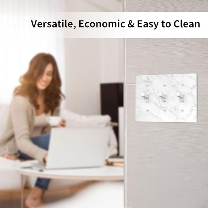 Faux White Marble Printed Light Switch Cover Plates Decorative Triple Toggle Wall Plate, 3 Gang Lightswitch Cover