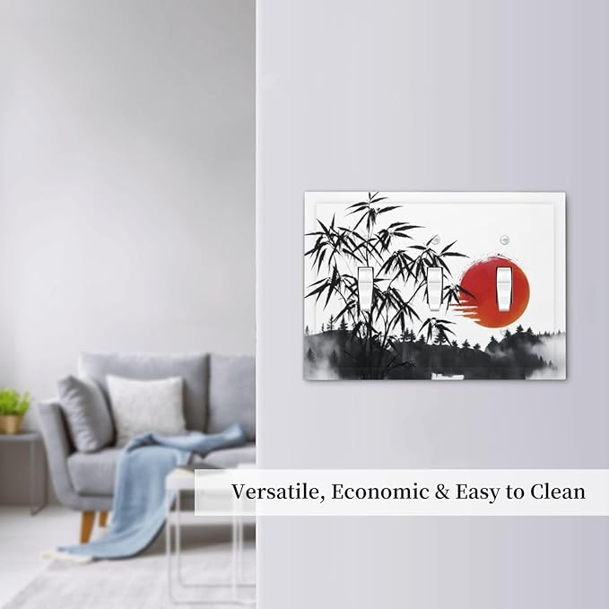 Decorative Light Switch Plate Covers Artistic Describe Black Bamboo Japanese Red Sun 3 Gang Wall Plate Switch Cover Plate Triple Toggle Jumbo Electrical Faceplate for Bedroom Decor