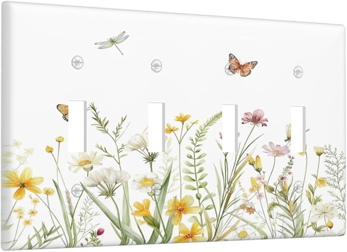 Colorful Wildflowers Dragonfly Butterfly Floral Light Switch Covers Quad Toggle Electrical Faceplate 4 Gang Wall Plate Decorative Switch Plates Cover for Bedroom Living Room Decor