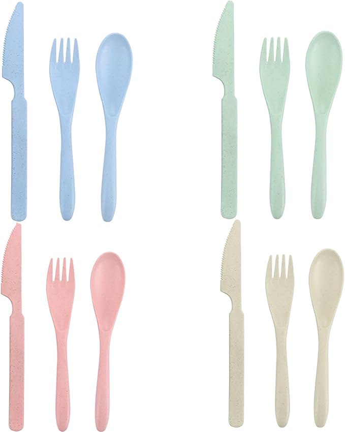Portable Wheat Straw Cutlery, Knives Spoons and Forks Set, Reusable Spoon Knife Forks, Spoon Knife Fork Tableware Set for Party, Travel, Work, Picnic, Camping