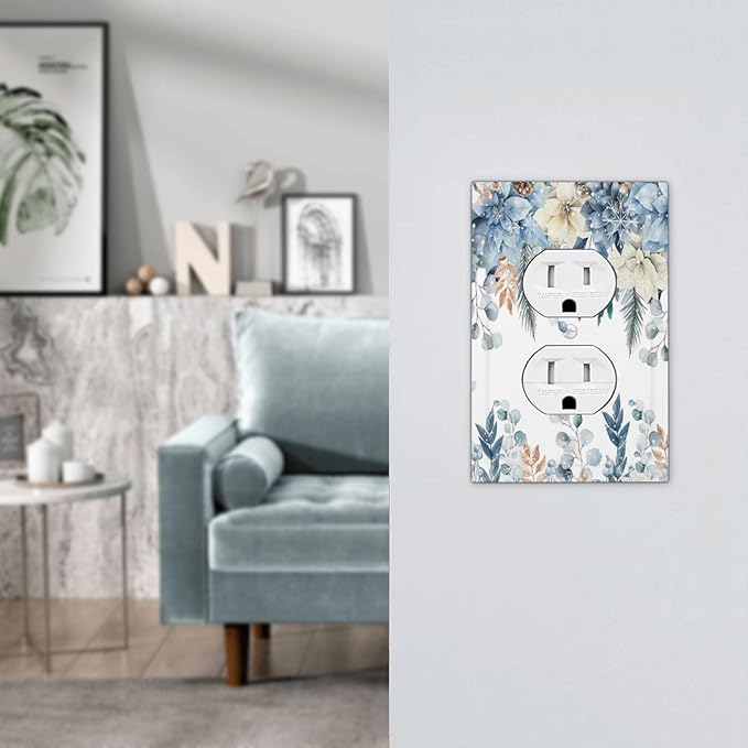 Blue Vine Snowflake Plants Leaves Floral Flowers Outlet Covers 1 Gang Duplex Light Switch Cover Decorative Switch Plates Electrical Receptacle Faceplate Wall Plate for Bedroom Living Room Decor