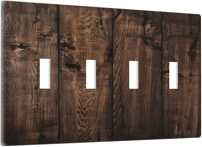 Rustic Brown Wood Plank Vintage Wooden Texture Print Light Switch Covers Quad Toggle Electrical Faceplate 4 Gang Wall Plate Decorative Switch Plates Cover for Farmhouse Home Decor