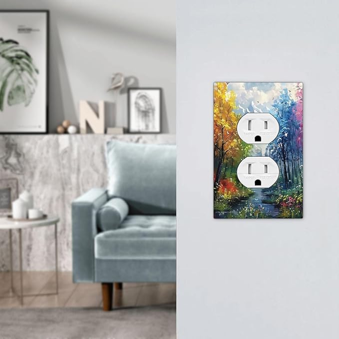 Colorful Forest Snow Mountain River Oil Painting Style Outlet Covers 1 Gang Duplex Light Switch Cover Decorative Switch Plates Electrical Receptacle Faceplate Wall Plate for Bedroom Living Room Decor