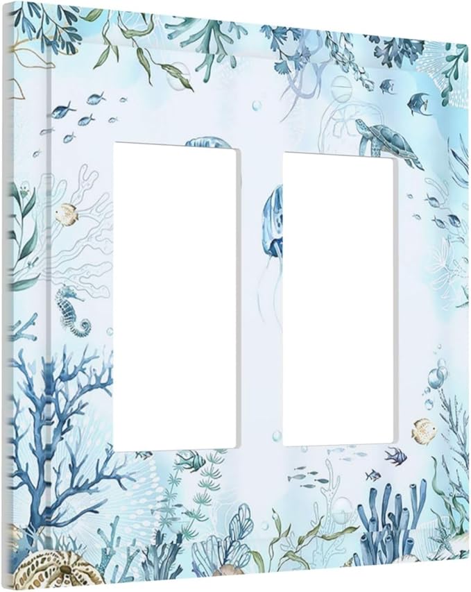 Decorative Outlet Covers Jellyfish Teal Blue Ocean Turtle Coastal Beach 2 Gang Double GFCI Rocker Electrical Wall Panels Light Switch Cover Plate for Bedroom Bathroom Decor