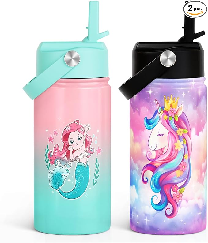 Kid Water Bottle 12oz with Straw Lid - 2-Pack Insulated Stainless Steel Water Bottles for Kids Girls - Travel Cup for Back to School Sports Christmas Birthday (Unicorn & Mermaid)