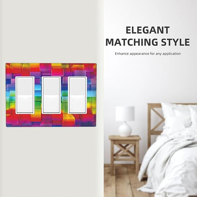 3D Colorful Rainbow Wall Abstract Squre Shaped 3 Gang Rocker Light Switch Covers Decorative Unique Triple Outlet Wall Plate Cover Faceplate Decorative Switchplate GFCI for Kitchen Bedroom Decor