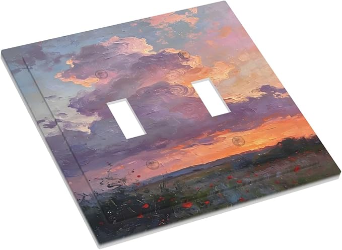 Abstract Sunset Dusk Natural Scenery Wild Flowers Decorative Switch Plates 2 Gang Double Toggle Outlet Light Switch Cover Wall Plate Electrical Faceplate for Farmhouse Bedroom Decor