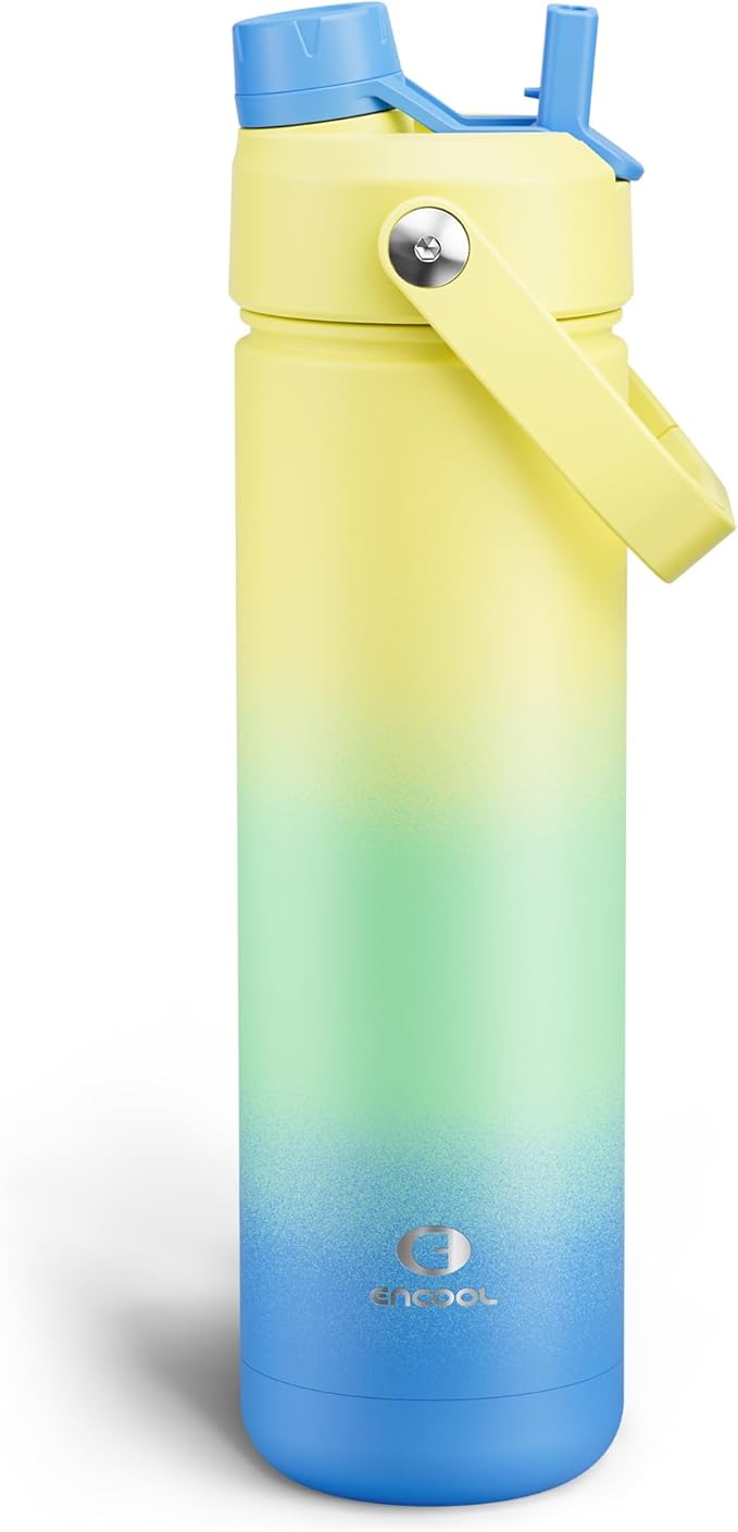 ENCOOL Insulated Water Bottle with Straw Stainless Steel Water Bottle, Leak-Proof, BPA-Free, Double Wall Vacuum Keeps Cold for 24 Hours for Sports, Travel, School (26 oz, Soft Lagoon)