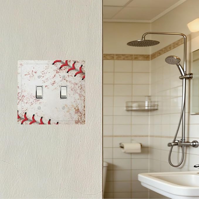Vintage Baseball Stitch & Distressed Leather Double Toggle Switch Cover - 2-Gang Standard US Size Home Run Game Themed Light Switch Covers for Boy's Bedroom Decor