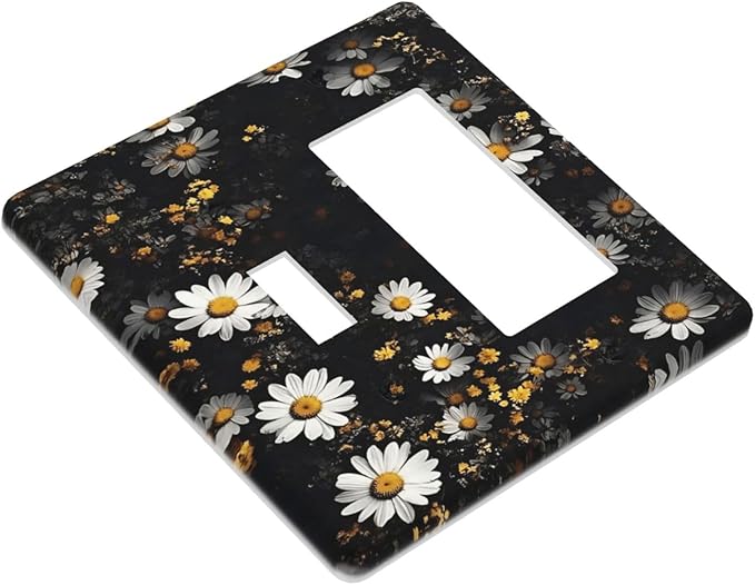 White Black Daisy Wildflower Modern Chrysanthemum Outlet Covers 1 Toggle 1 Rocker Combination Decorative Wall Plate Electrical Switch Plates Light Switch Cover Plate for Bedroom Farmhouse Decor