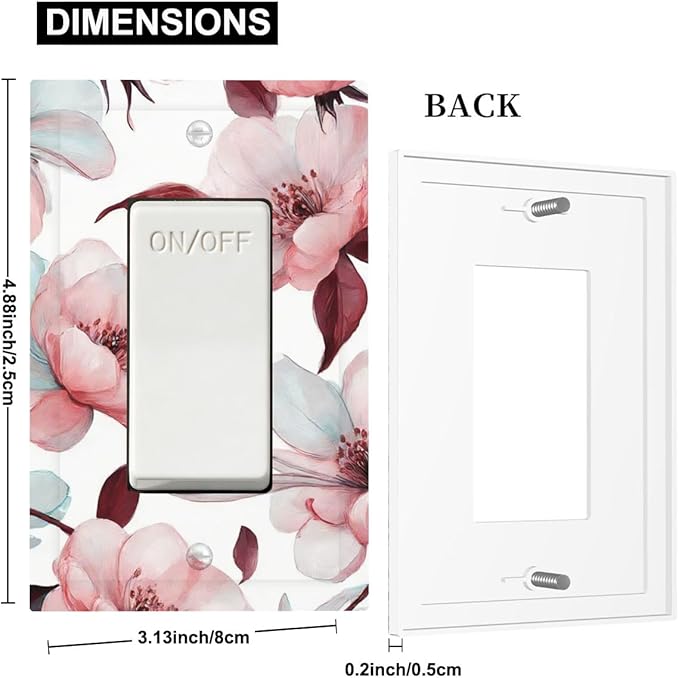 Watercolor Pink Cherry Blossom & Floral Burst Single Rocker Switch Cover - 1-Gang Standard US Size Romantic Floral Escape Light Switch Covers for Bathroom Bedroom Vanity Decor