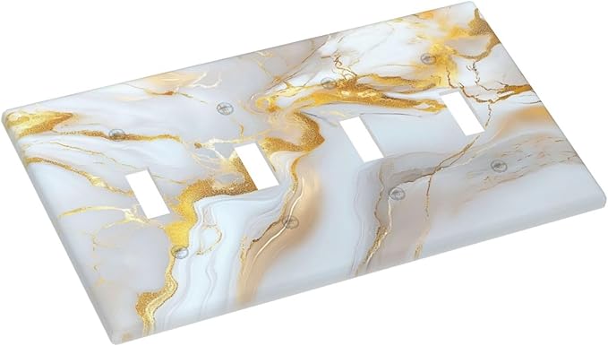 Decorative Switch Plate Cover Abstract Gold Marble Design with White & Gold 4 Gang Artistic Wall Plate Unique Quad Toggle Light Switch Covers for Modern Luxurious Decor