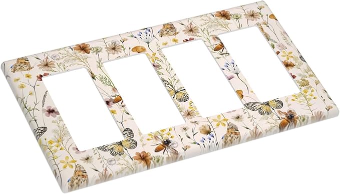 Vintage Butterflies Quad Rocker Decora Wall Plate Decorative Colorful Wildflower 4 Gang Light Switch Cover Cute Bees GFCI Electrical Outlet Switchplate Beige Flower Leaves Dimmer Decor for Bedroom