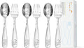 KINGSTONE 6 Pieces Kids Utensils Set, 18/10 Stainless Steel Kids Silverware, 3 Forks & 3 Spoons, Food-Grade Flatware, Construction, Digger & Dump Truck Dishes, Dishwasher Safe for Self-Feeding