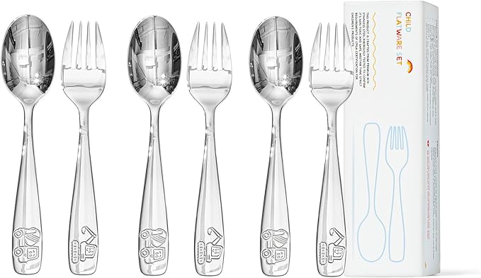 KINGSTONE 6 Pieces Kids Utensils Set, 18/10 Stainless Steel Kids Silverware, 3 Forks & 3 Spoons, Food-Grade Flatware, Construction, Digger & Dump Truck Dishes, Dishwasher Safe for Self-Feeding