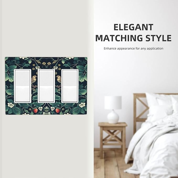 Light Switch Covers Strawberry Birds Flowers Plant Morris Floral 3 Gang Rocker Electrical GFCI Decorative Triple Outlet Wall Plate Cover Switchplate for Bedroom Farmhouse Decor