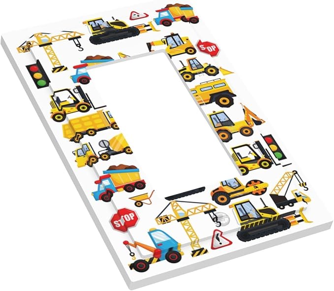 Kid Boy Construction Trucks Cartoon Car Excavator Tractor Vehicles Transport 1 Gang Single Decorator/GFCI Device Outlet Wall Plate Electrical One Rocker Decorative Light Switch Cover Faceplate Dimmer