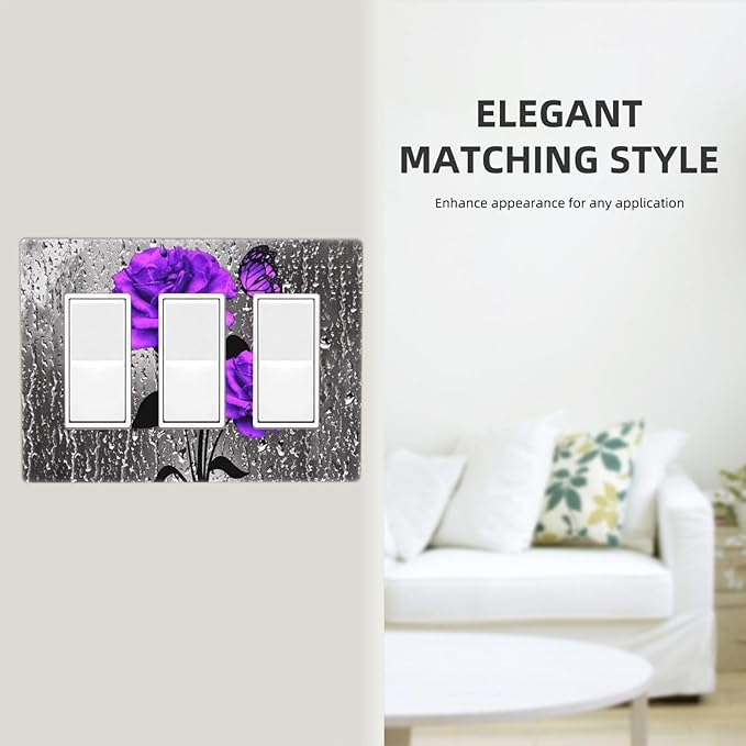 Purple Gray Rose Butterfly 3-Gang Rocker/Decorator Wall Plate Cute Romantic Gray Blossom Flowers Floral Decorative Screwless Triple Device Light Receptacle GFCI Outlet Switch Faceplate Cover Dimmer