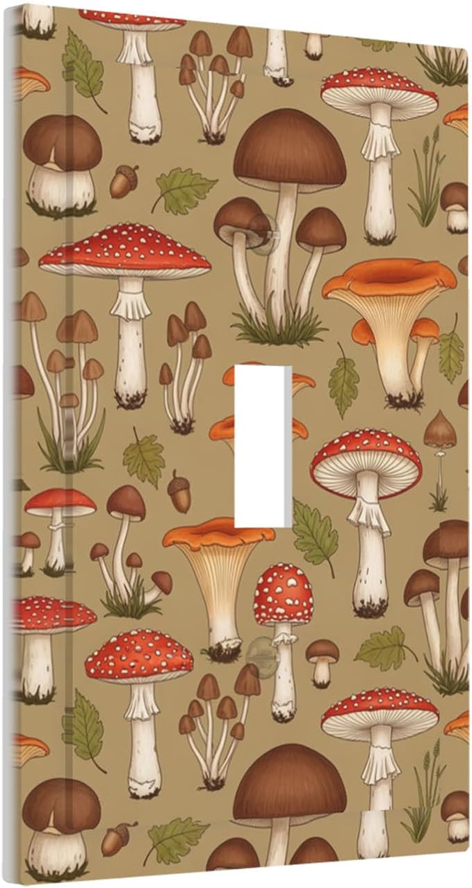 Whimsical Mycology 1-Gang Toggle Light Switch Plate, Vintage Mushroom Woodland Medley Decorative Wall Plate for Farmhouse Home Decor