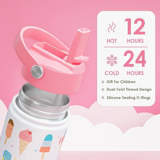 SANDJEST Ice Cream Kids Water Bottle With Straw Lid 12oz Insulated Stainless Steel, Travel Tumbler, Gifts For Girls, Birthday, Christmas, Back To School