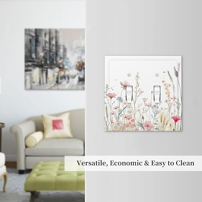 Watercolor Wildflower Pink Flower Plant Floral Decorative Switch Plates 2 Gang Double Toggle Outlet Light Switch Cover Wall Plate Electrical Faceplate for Bedroom Living Room Decor