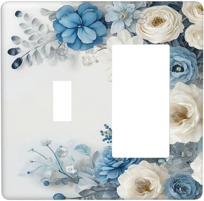 Decorative Outlet Covers Blue Rose White Flowers Rustic Floral 2 Gang 1 Gang Wall Plate Cover Single Toggle Rocker Combination Light Switch Cover Plate Jumbo Face Plate