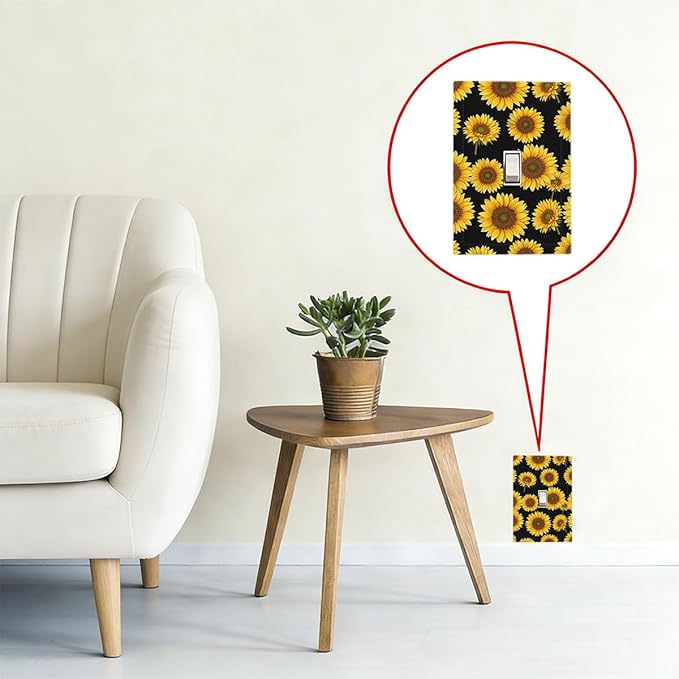 Sunflower Fields 1-Gang Toggle Light Switch Plate, Vibrant Sunflower on Black Boho Sunny Garden Decorative Wall Plate for Bedroom Decor