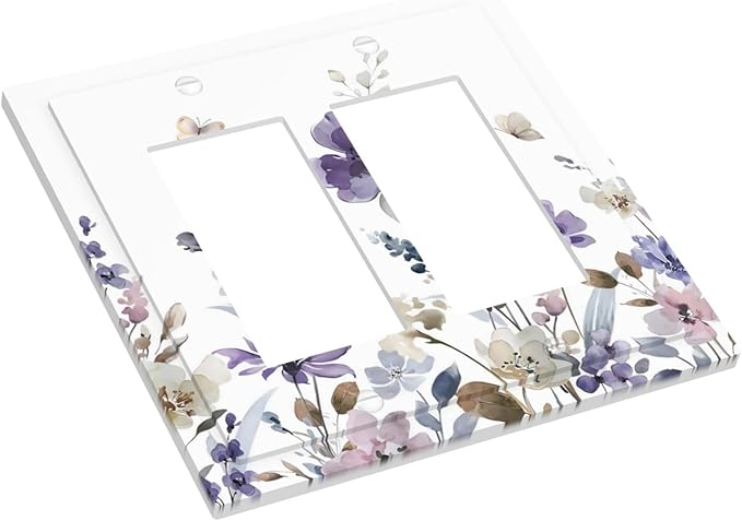 Purple Watercolor Flower Floral Butterfly Decorative Outlet Covers 2 Gang Double GFCI Rocker Electrical Wall Panels Light Switch Cover Plate for Bedroom Living Room Decor