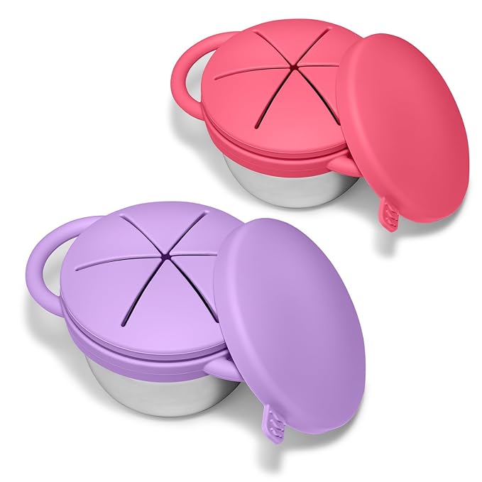 2 Pack Baby Stainless Steel Snack Containers for Kids with Spill Proof Food Grade Silicone Lids & Handles 9 OZ Baby Snack Cups No Spill Toddler Snack Box for Mess-Free Snacking