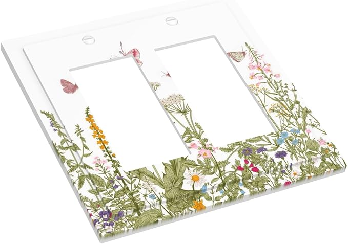 Colorful Butterfly Floral Plants Flower Vine Decorative Outlet Covers 2 Gang Double GFCI Rocker Electrical Wall Panels Light Switch Cover Plate for Bed Room Living Room Decor