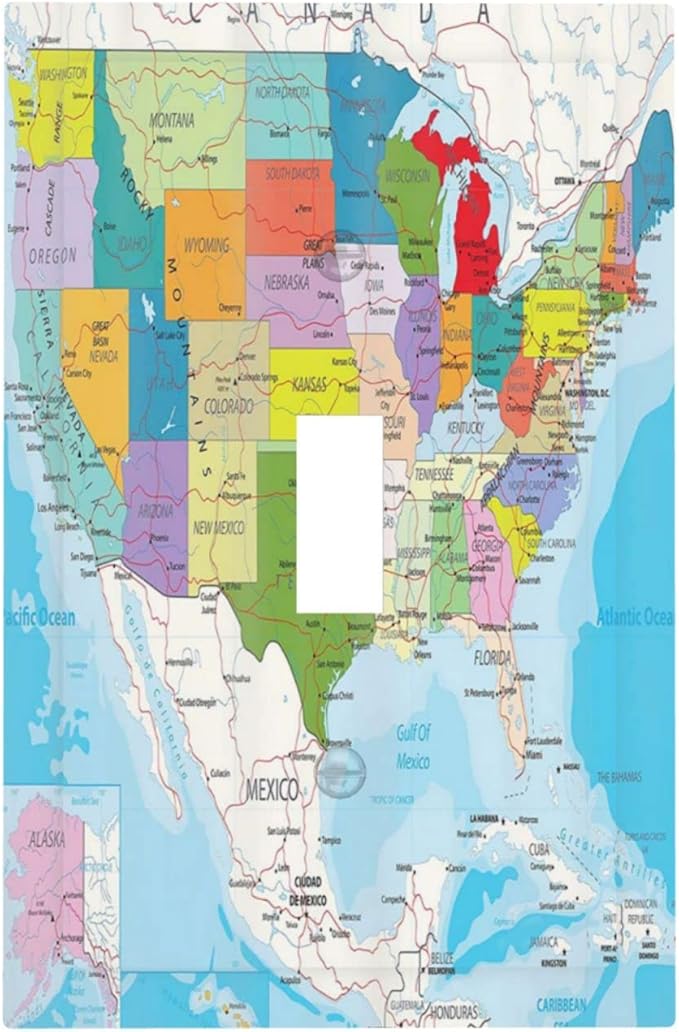Educational Geography USA Cities Map White Earth Technology Colorful 1 Gang Light Switch Plate Decorative Single Toggle Wall Plate Cover Electrical Switchplate Faceplate Bathroom Bedroom Room Decorate