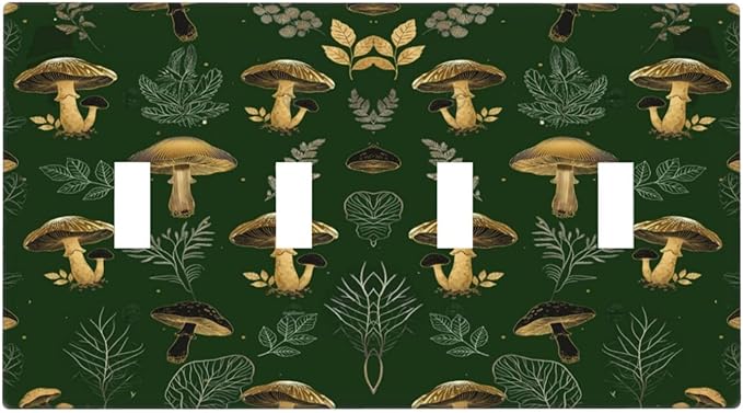 Decorative Light Switch Cover Plate Cute Gold Mushtroom Green Plant Leaf 4 Gang Wall Plates for Electrical Outlets Quad Toggle Switch Plate Covers Outlet Covers Faceplate for Home Decor