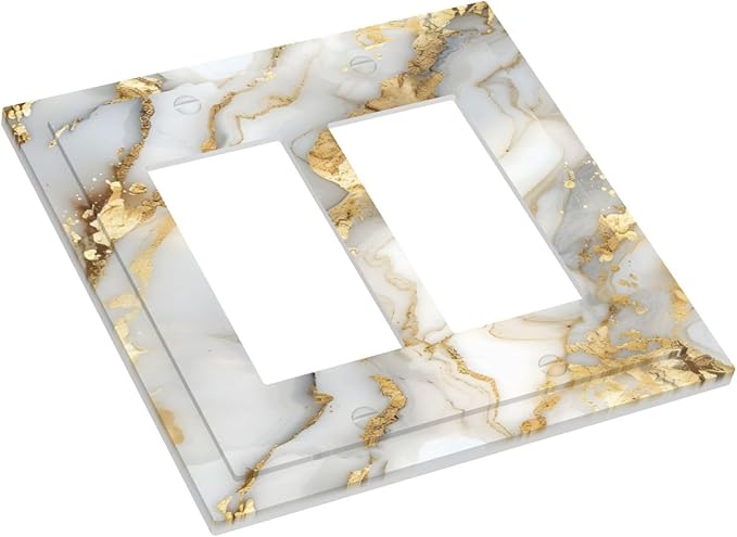 Luxurious White Gold Marble Patterns Abstract Decorative Outlet Covers 2 Gang Double GFCI Rocker Electrical Wall Panels Light Switch Cover Plate for Bathroom Kitchen Decor