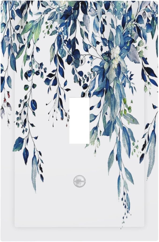 Blue Eucalyptus Watercolor Leaves 1 Gang Light Switch Cover Decorative Green Plant Single Toggle Wall Plate Switchcovers Electrical Switchplate Home Decor for Bathroom Living Room Bedroom Decorate