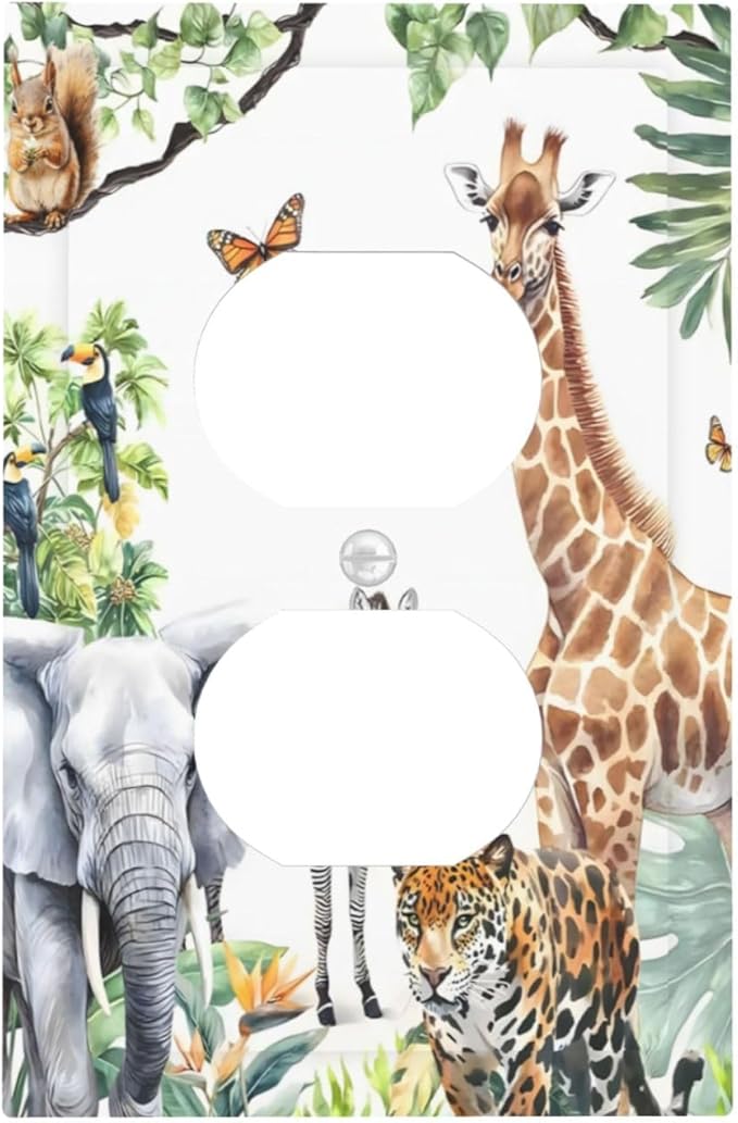 Elephant Giraffe Jungle Animals Leopard Zoo Outlet Covers 1 Gang Duplex Light Switch Cover Decorative Switch Plates Electrical Receptacle Faceplate Wall Plate for Kids Room Nursery Decor