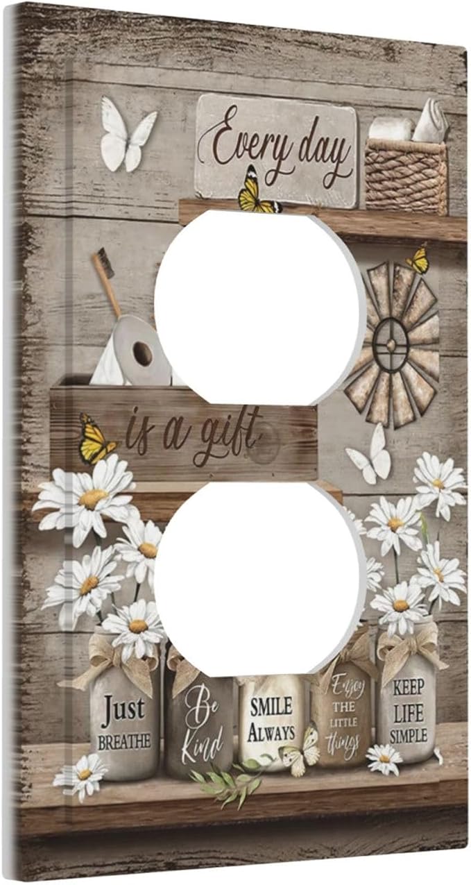 Rustic Daisy Flower Butterfly Inspirational Cottage Outlet Covers 1 Gang Duplex Light Switch Cover Decorative Switch Plates Electrical Receptacle Faceplate Wall Plate for Farmhouse Bedroom Decor
