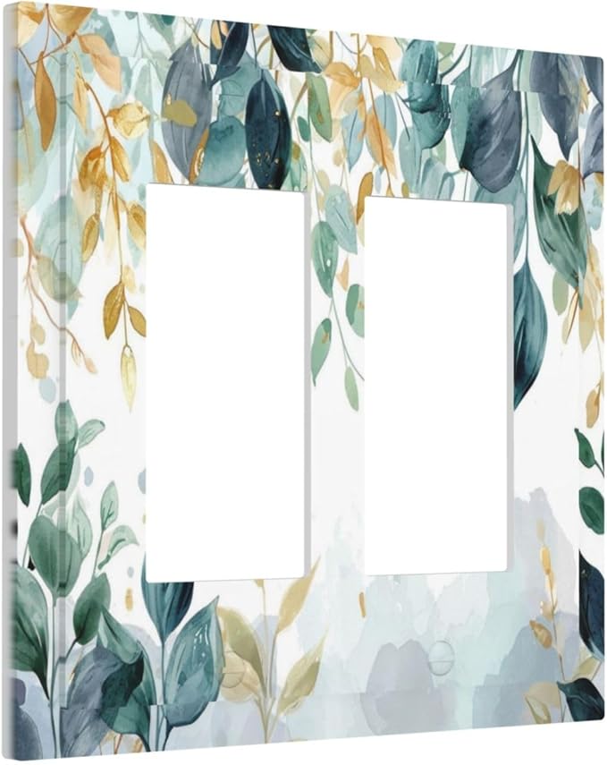 Boho Goldgreen Leaf Botanical Eucalyptus Leaves Decorative Outlet Covers 2 Gang Double GFCI Rocker Electrical Wall Panels Light Switch Cover Plate for Bedroom Living Room Decor