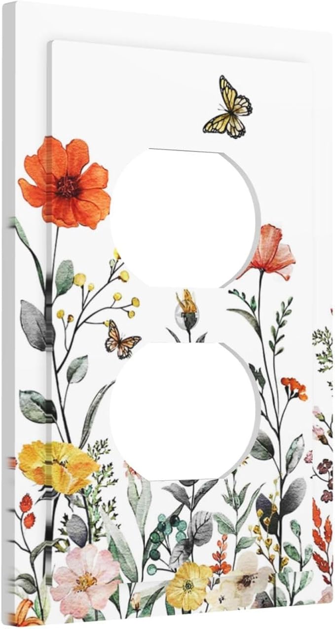 Colorful Vintage Floral Butterfly Flower 1 Gang Duplex Wall Plate Receptacle Outlet Covers Spring Nature Wildflower Blossom Decorative Electrical Dual Device Light Switch Plug Socket Faceplate Cover