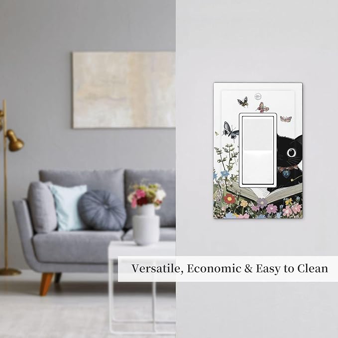 Decorative Outlet Covers Cute Cat Wildflowers Boho Flowers Floral 1 Gang Single Rocker Light Switch Cover Plate Wall Plates Gfci Faceplate For Nursery Kids Room Decor