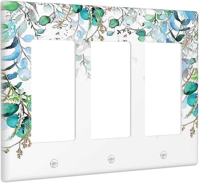 Decorative Outlet Covers Bohemian Green Eucalyptus Leaf Pine Leaves 3 Gang Wall Plate Triple Rocker Switch Light Switch Plate Covers Jumbo Electrical GFCI Switch Cover Plate