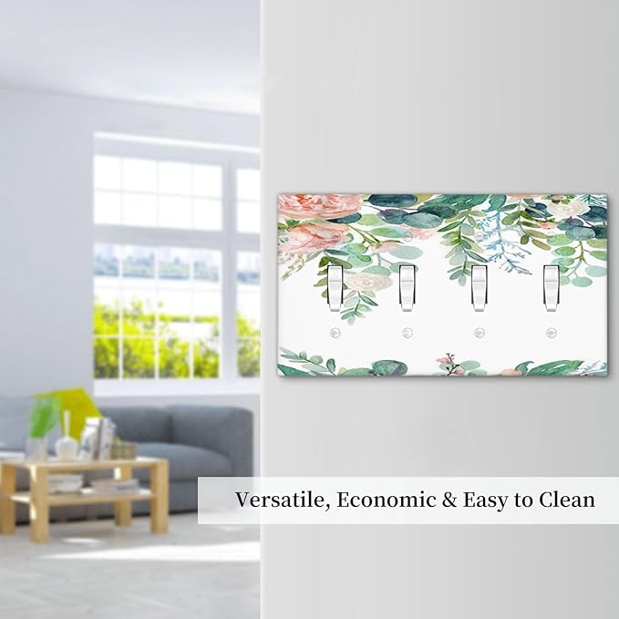Green Eucalyptus Leaves Floral Watercolor Flower Light Switch Covers Quad Toggle Electrical Faceplate 4 Gang Wall Plate Decorative Switch Plates for Bed Room Living Room Decor