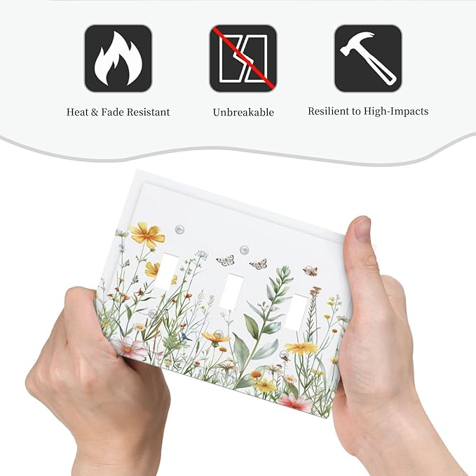 Light Switch Cover Plate Rustic Colorful Floral Butterfly Watercolor Flowers 3 Gang Triple Toggle Decorative Switch Plates Wall Plates Electrical Switchplate Faceplate for Bathroom Bedroom