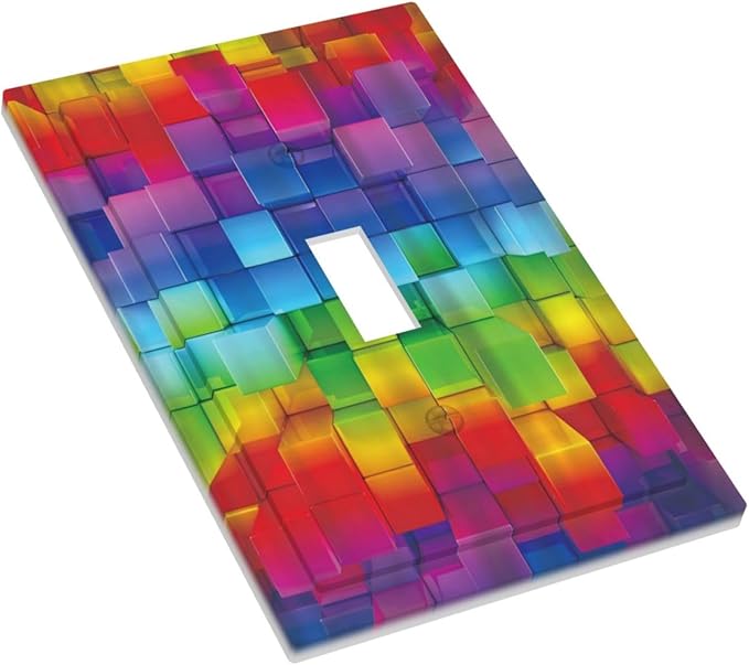 3D Colorful Rainbow Wall Abstract Squre Shaped 1 Gang Light Switch Covers Decorative Unique Single Toggle Wall Plate Switchcover Electrical Switchplate for Kitchen Bathroom Bedroom Decor