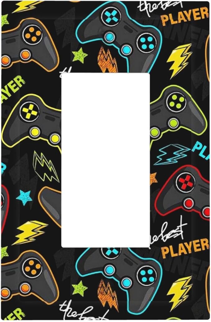 1 Gang Electrical Decora/GFCI Device Wallplate Fun Graffiti Video Game Controller Gaming Gamer Teen Kids Boys Gamepad Single Decorator Rocker Outlet Light Switch Cover Electrical Faceplate Dimmer