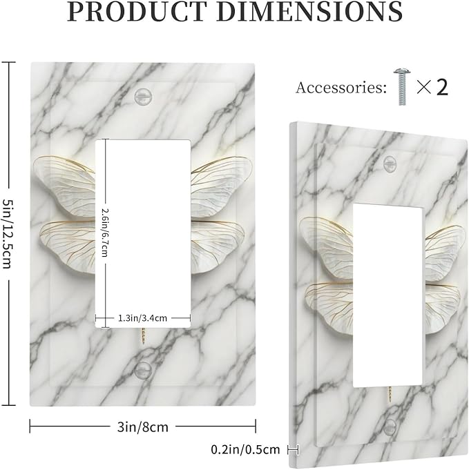 White Gold Marble Dragonfly Abstract Modern Decorative Outlet Covers 1 Gang Single Rocker Light Switch Cover Plate Wall Plates GFCI Faceplate for Bathroom Home Decor