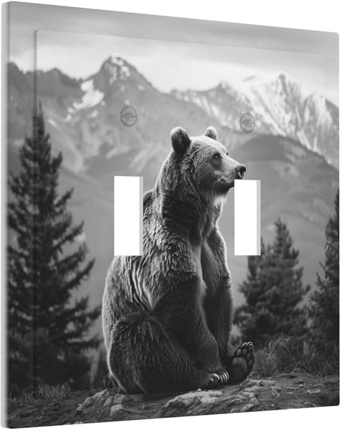 Light Switch Cover Plate Black White Bear Mountain Pine Trees Wilderness 2 Gang Double Toggle Decorative Switch Plates Wall Plates Electrical Faceplate for Bathroom Bedroom Decor